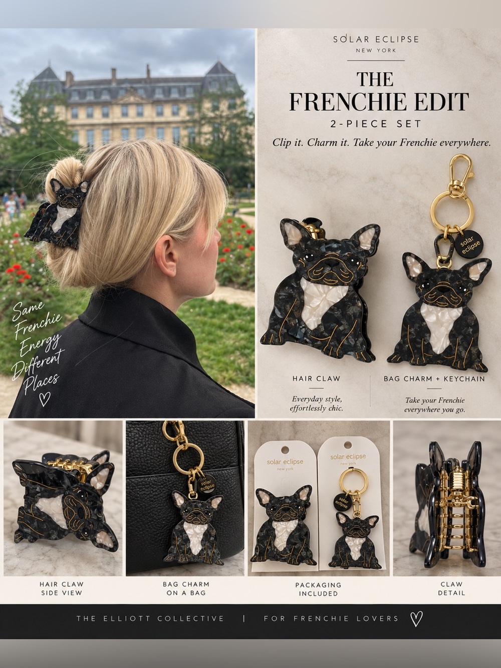 Solar Eclipse Black Frenchie Hair Claw Clip & Bag Charm Keychain Bundle NWT
